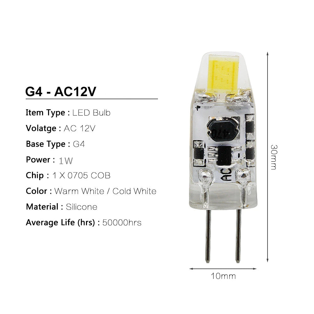ampoule led transparente 12v g4 360° blanc chaud 2700k 50000h moderne