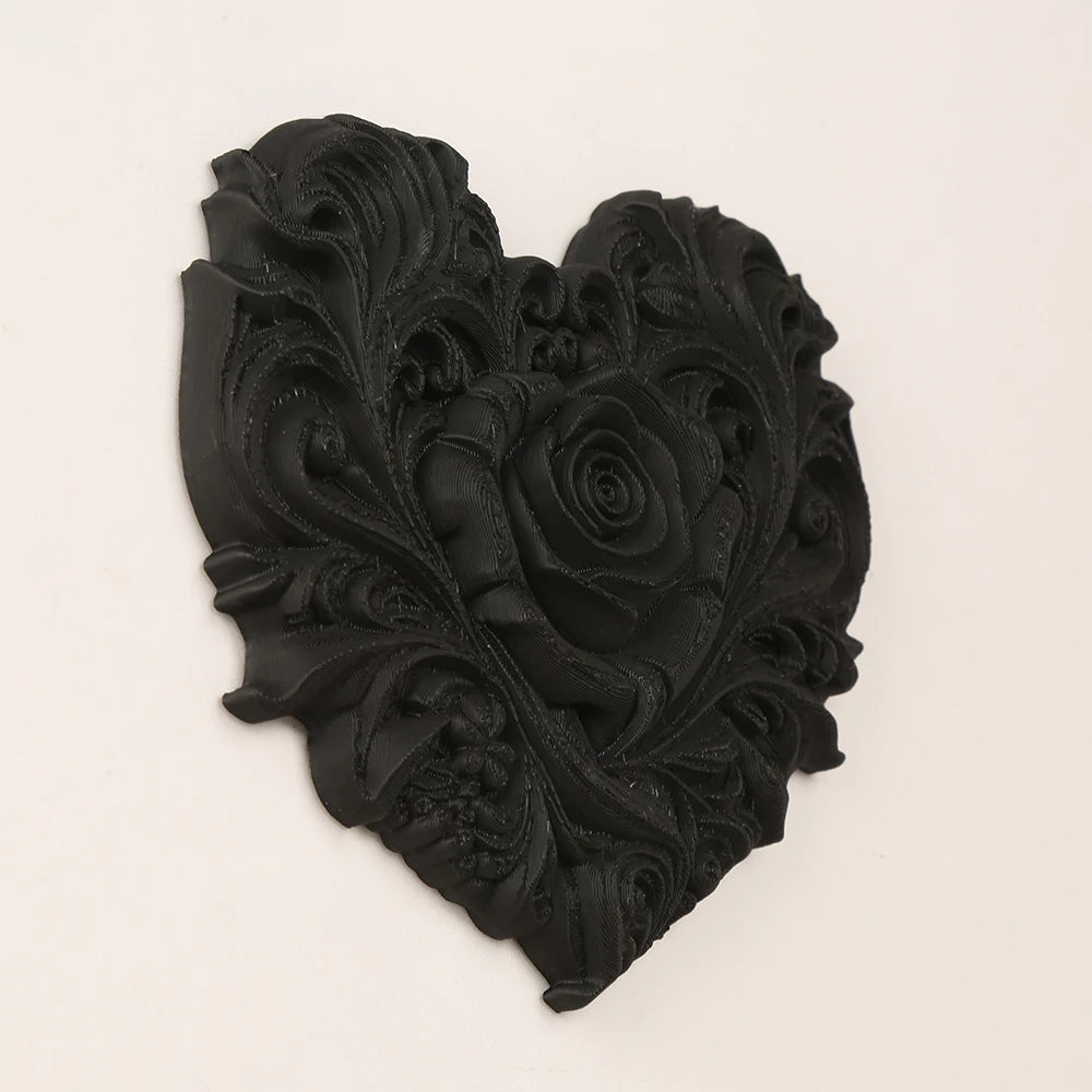 décoration murale cœur sculpté noir floral baroque intérieur 12cm 13.3cm roses feuilles