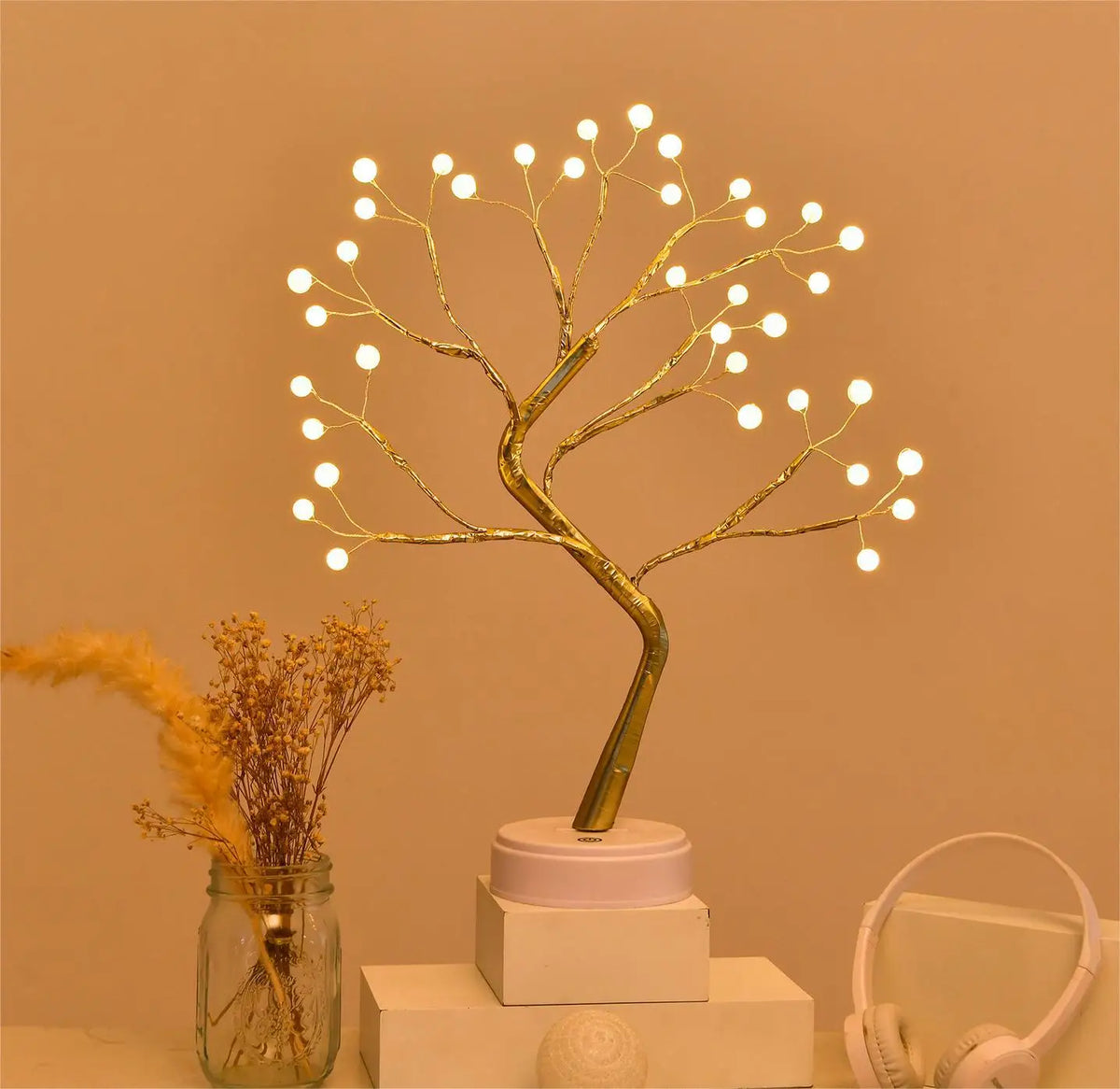 arbre lumineux décoratif or fil cuivre branches fines base plate veilleuse minimaliste moderne chambre