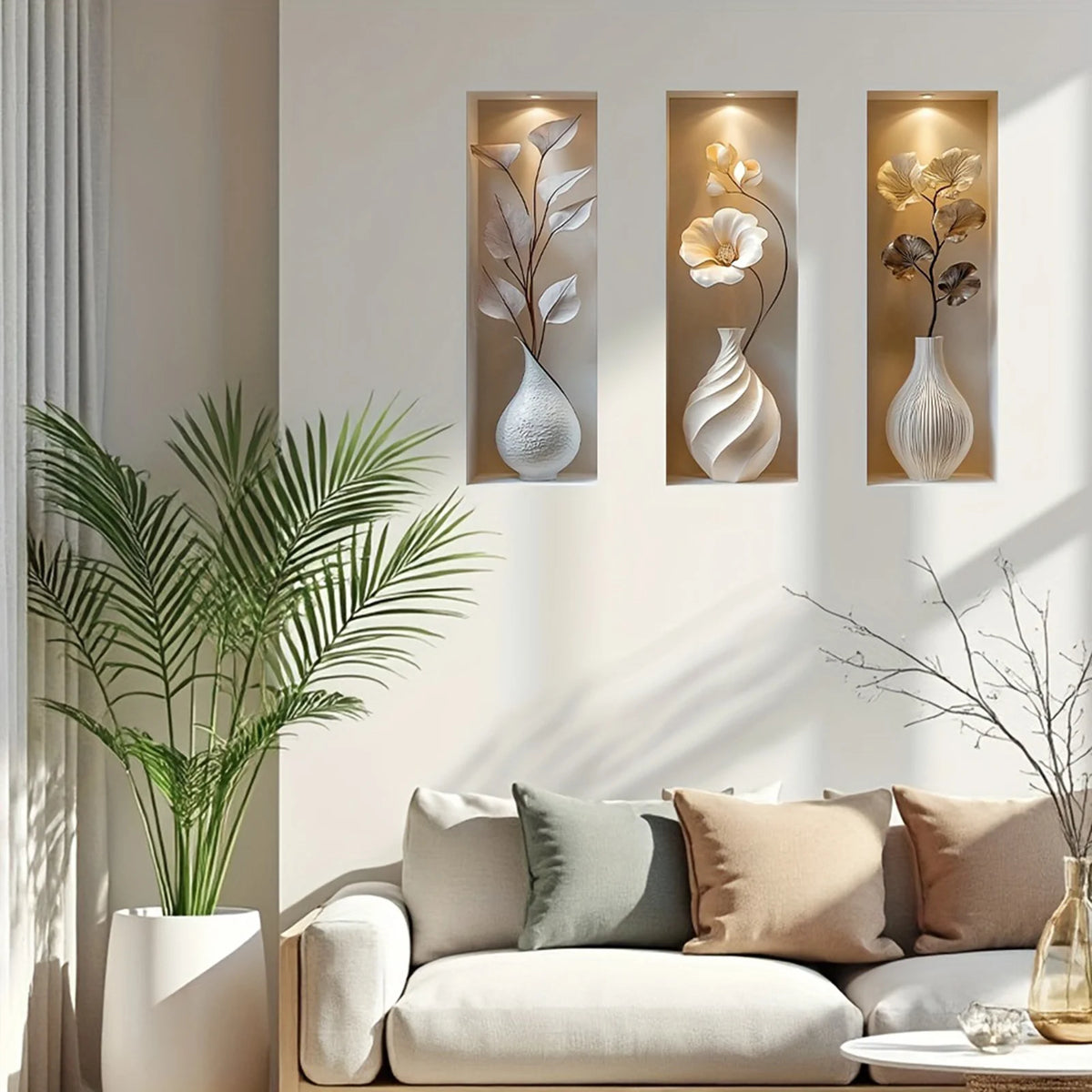 décorations murales modernes blanc beige doré fleurs vases sculptés opaquesintérieur salon chambre