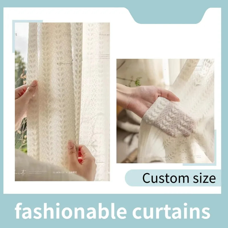 rideau tulle beige clair motif feuilles semi transparent moderne élégant fenêtre