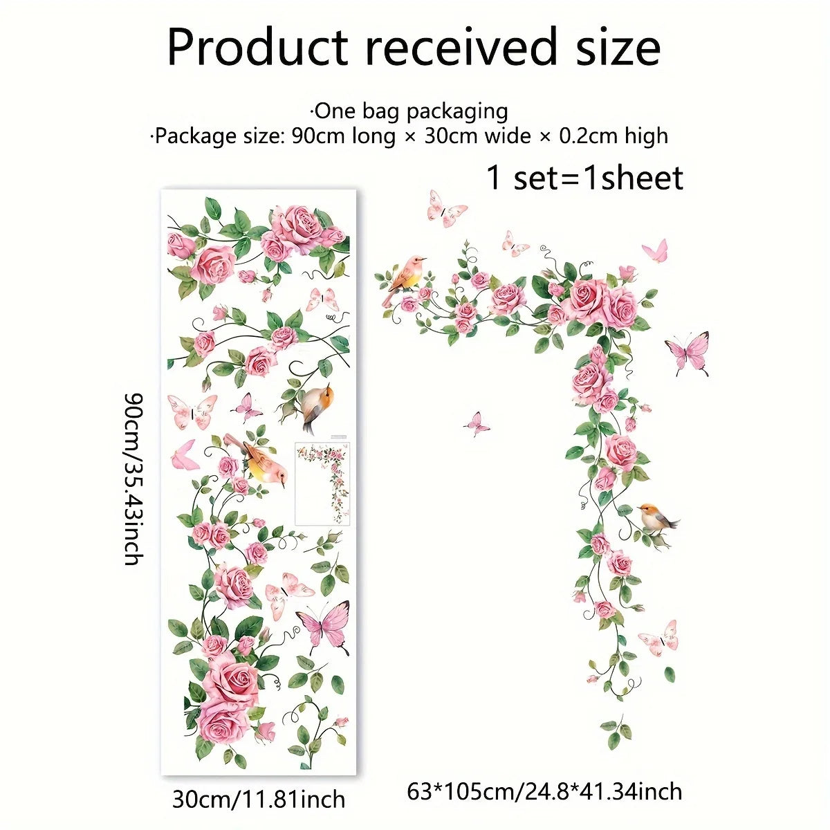 sticker mural floral rose feuilles vertes papillons oiseaux adhésif réutilisable chambre décoration contemporaine