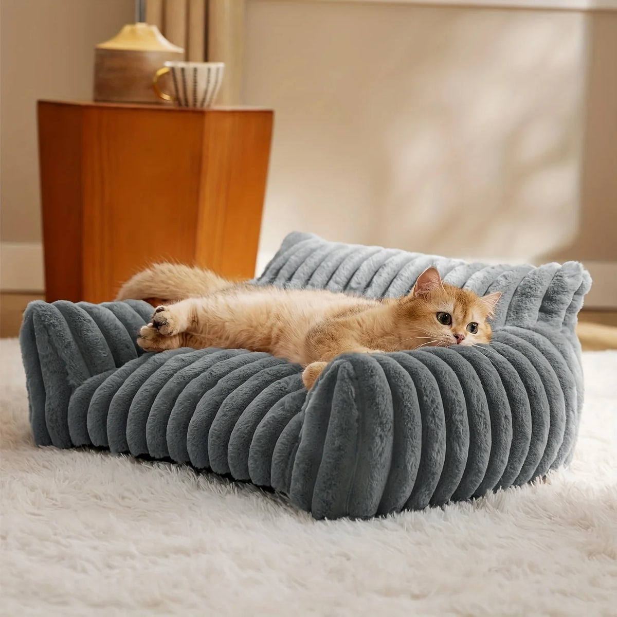 lit chat gris blanc velours rayures moderne confortable