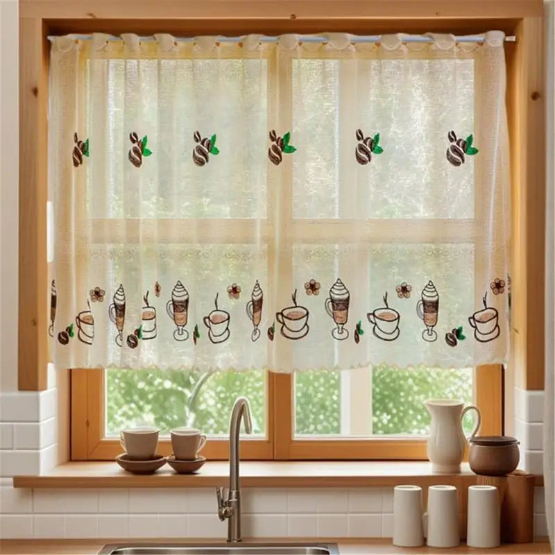 rideau moderne beige motif crème glacée polyester légèrement transparent translucide oeilletsextérieur decoration