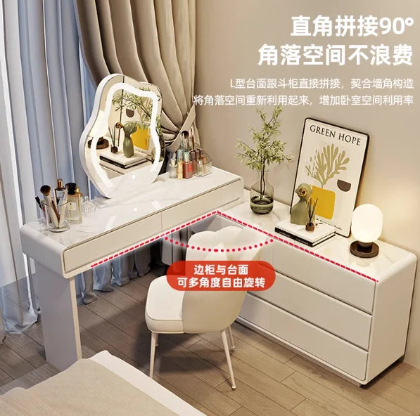 meuble coiffeuse bois blanc moderne tiroirs miroir tabouret lampe maquillage chambre