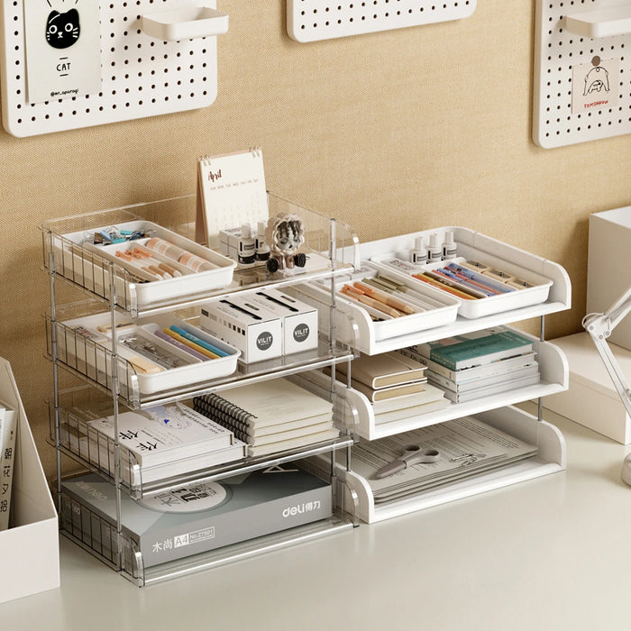 Organisateur de bureau empilable avec plateau à stylos couleur noire sur un bureau moderne