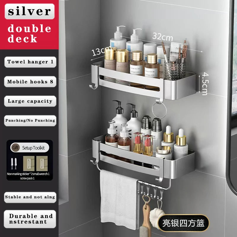 étagère murale triangulaire salle bain gris métal crochets rangement douche moderne autocollante