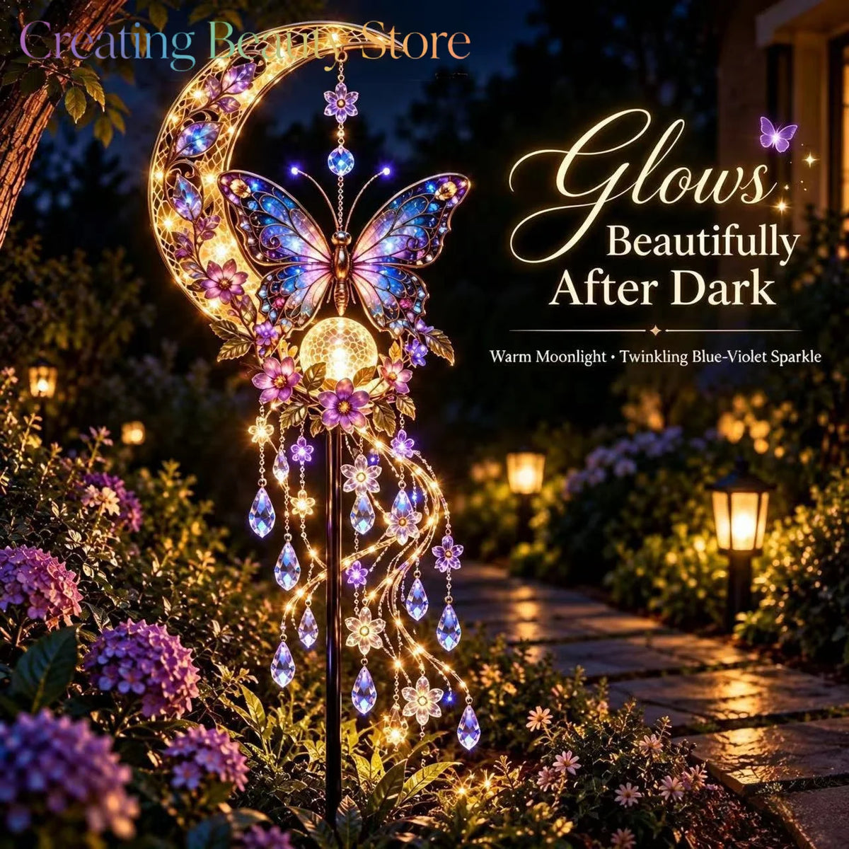 lampe solaire décorative ornement papillon lune cristaux transparents artisanal romantique noëlextérieur