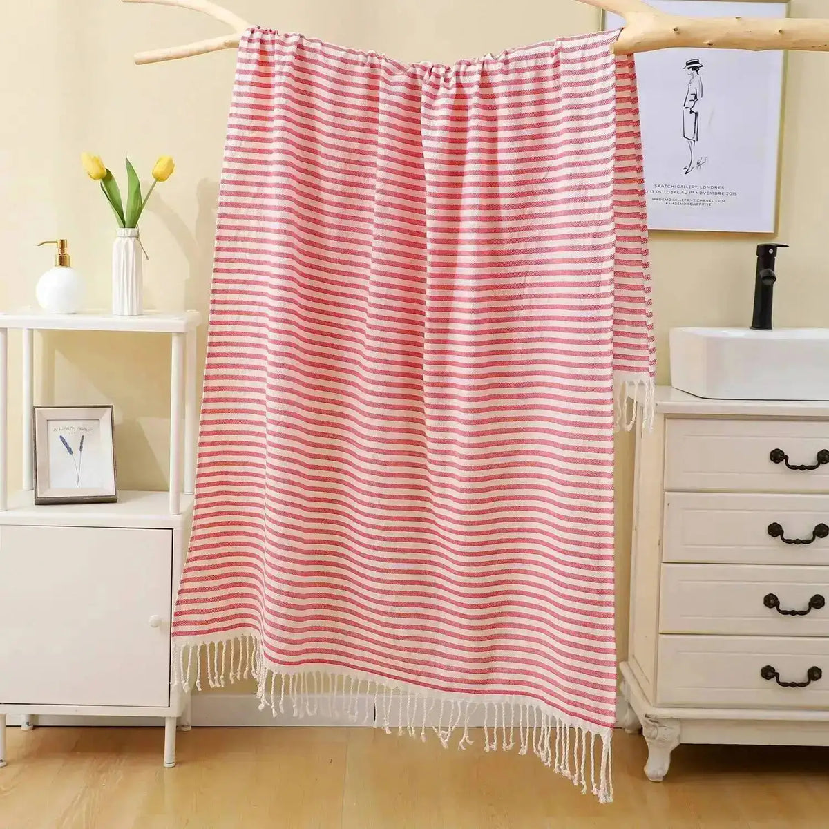 serviette bain coton polyester 100x180cm rayées franges moderne absorbante plage voyage