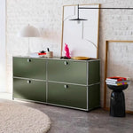 meuble tiroirs armoire salon vert olive moderne pieds ronds tiroirs bois métal