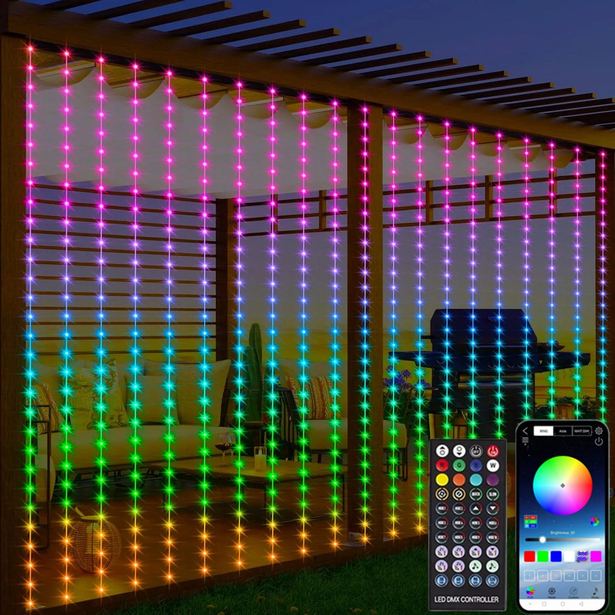 rideau lumineux led multicolore modernes controle distant application mobile deco festive