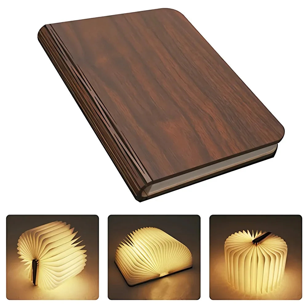 lampe lecture forme livre blanc brun foncé moderne pli bois led rechargeable table chambre