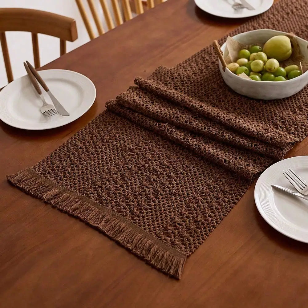 nappes table bohème franges polyester marron beige automne hiver printemps été decoration festive