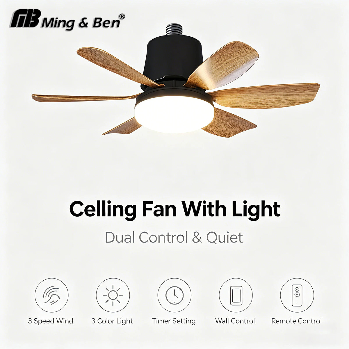 ventilateur led télécommande luminosité minuterie moderne noir bois naturel minimaliste