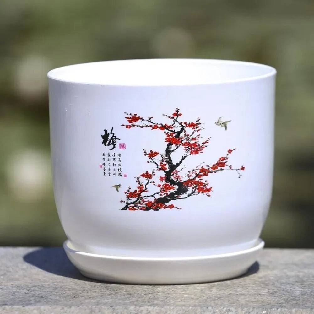 grand pot fleurs blanc résine plateau motif floral chinois jardin