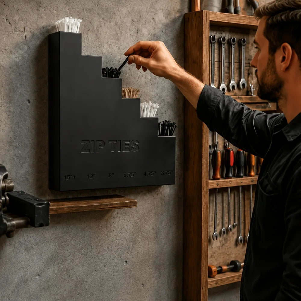 organisateur zip ties noir industriel mural escalier utilitaire fixations textiles rangement outils garage atelier