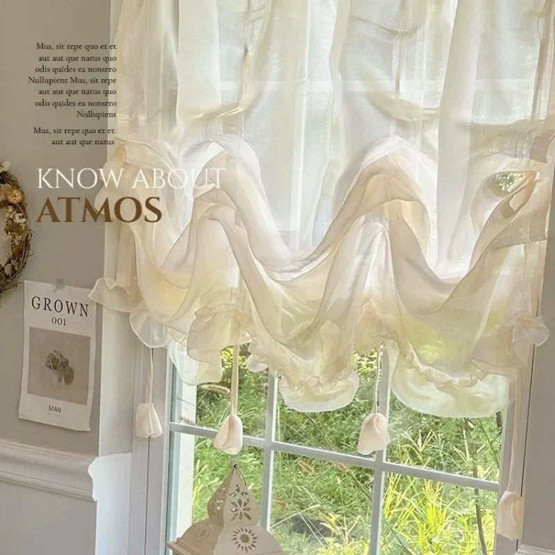rideau polyester semi transparent beige clair doux ondulé fronces classique romantique maison
