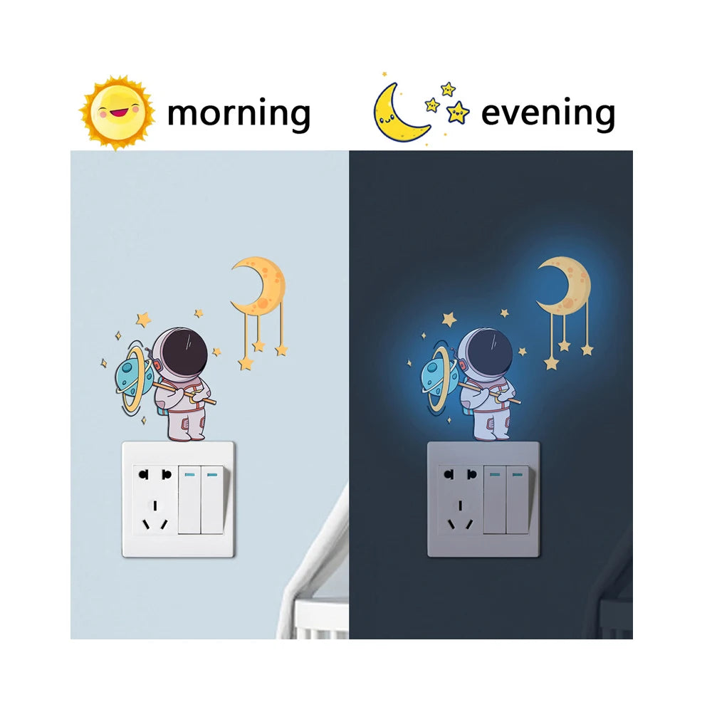 Stickers muraux astronaute lune étoiles glow noir rose vert enfants chambre