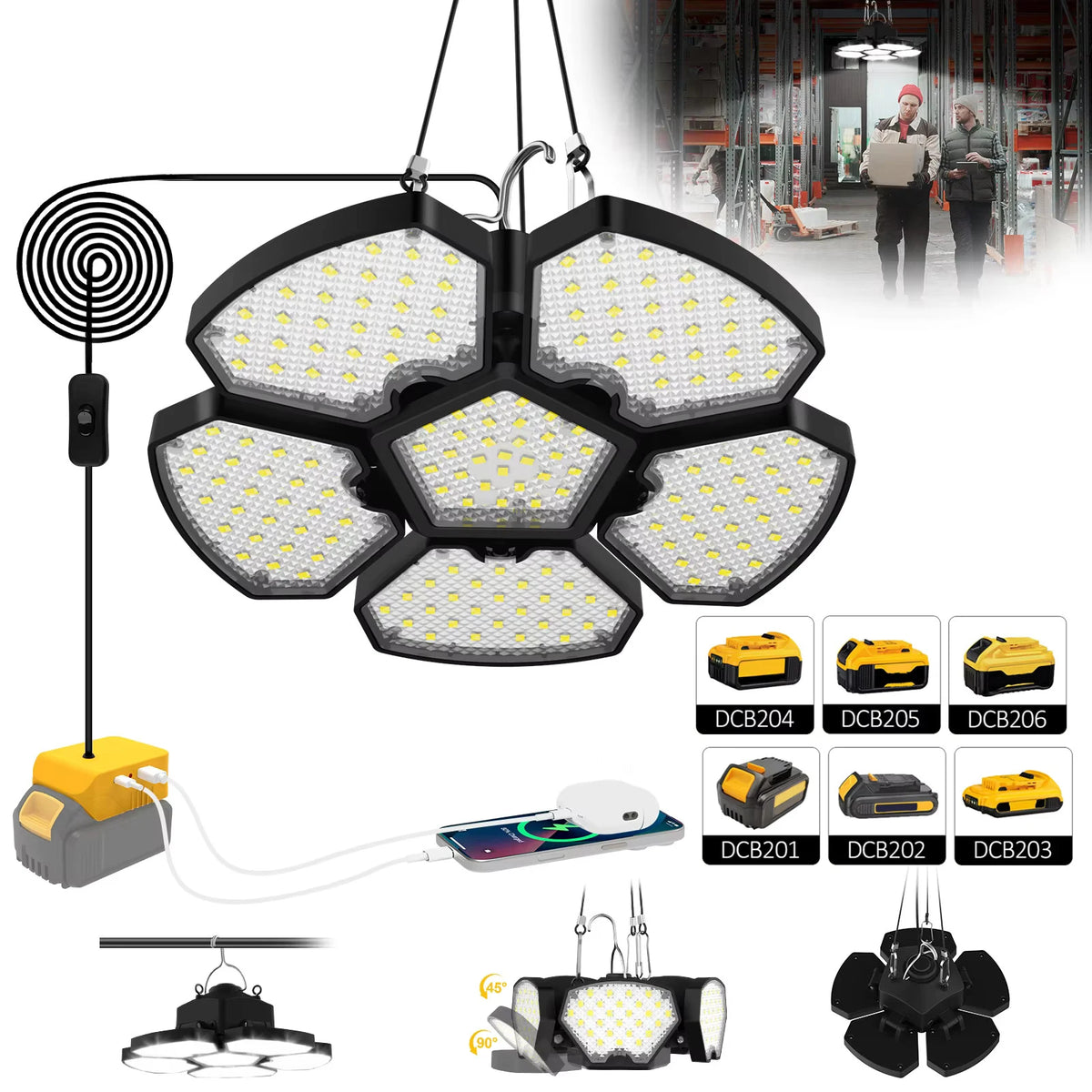lampe travail pliable led rechargeable batterie lithium 18v 20v indicateur charge crochets moderne noire