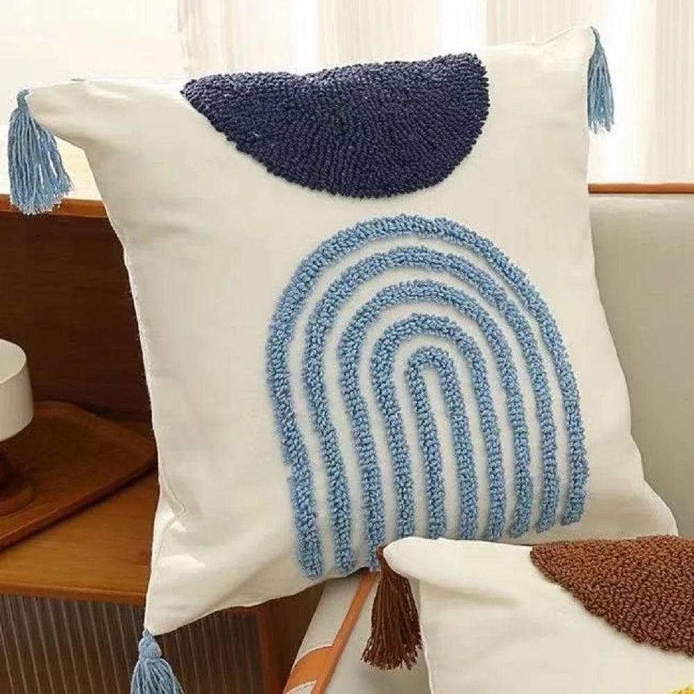 housse coussin carré blanc motif géométrique moderne tassel crochet polyester coton lavable