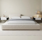 lit moderne bois tissu lin beige oreillers blancs draps gris blancs 188cm 218cm 246cm