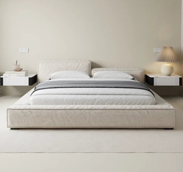 lit moderne bois tissu lin beige oreillers blancs draps gris blancs 188cm 218cm 246cm