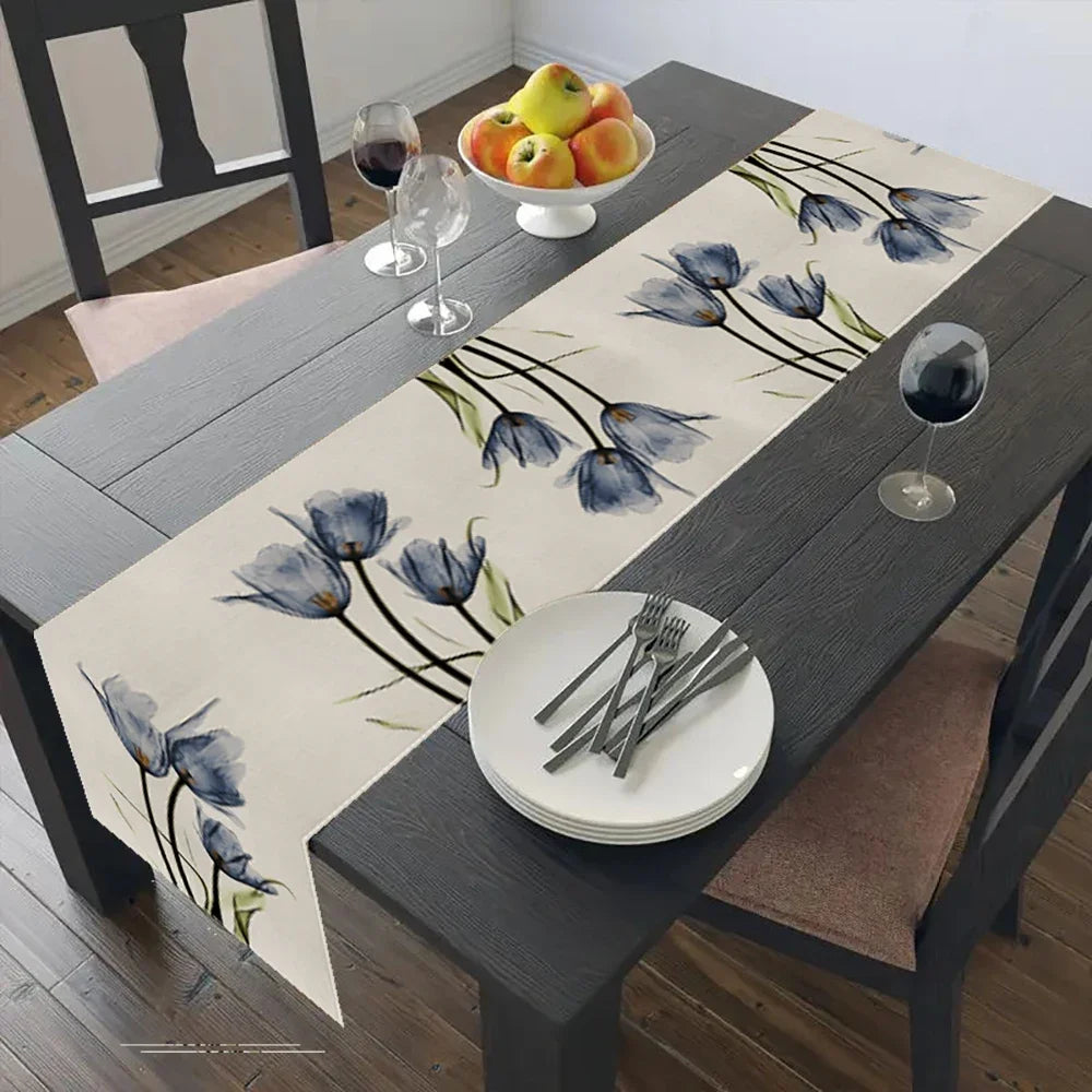 nappe lin bleu beige fleurs tulipes aquarelle moderne table runner déco