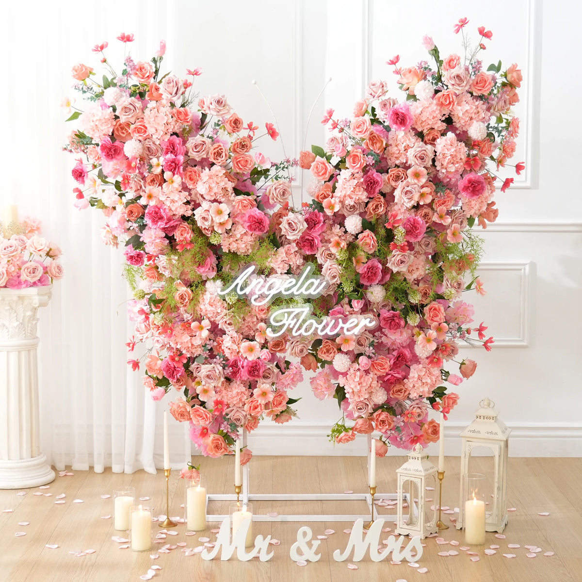 Décoration murale arche fleurs variées romantique violet rose blanc bleuclair vert extérieure