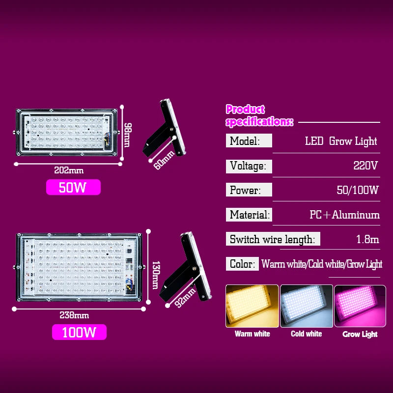 lampe led full spectrum 50w 100w noir blanc rose moderne clips cabled interrupteur grow