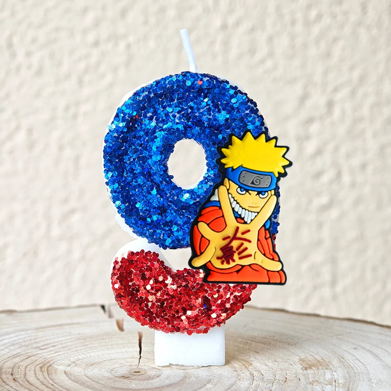 bougies décoratives anime personnages paillettes bleu rouge jaune blanc thème naruto shippuden anniversaire gâteau