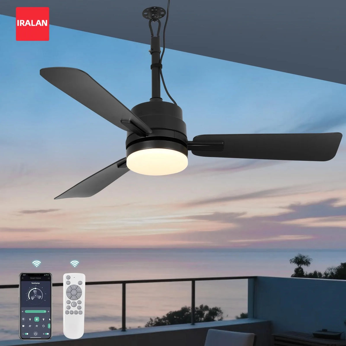 ventilateur moderne noir lumière led télécommande modes vitesse reversible memoire