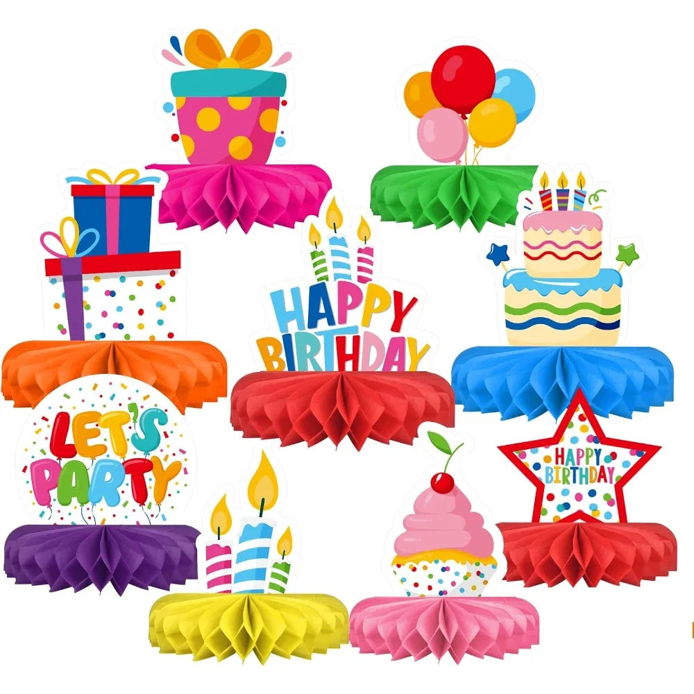 décorations fête anniversaire multicolores gâteaux cadeaux ballons happy birthday confettis points festives