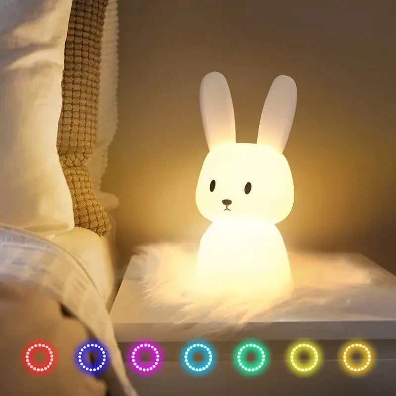 veilleuse nuit lapin blanc moderne enfant led silicone câble usb pression contrôle chambre décoration