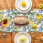 table table lin motif floral citrons fleurs été blanc jaune bleu rustic decoratif farmhouse