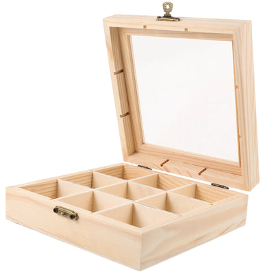 Boîte rangement thé bois fenêtre 9 grilles vue d'ensemble