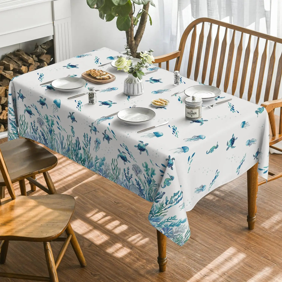 nappe imperméable motif marin tortues poissons moderne blanche bleue verte piscine pique nique table