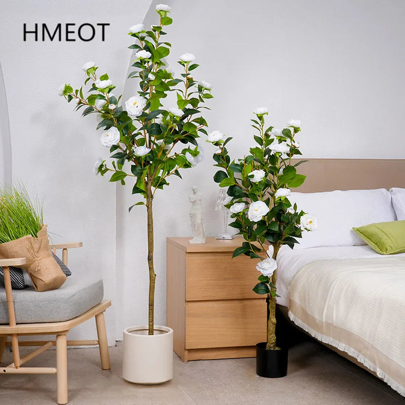 arbre artificiel camélia blanc feuillage vert pot noir décoration extérieure intérieure festive ornement