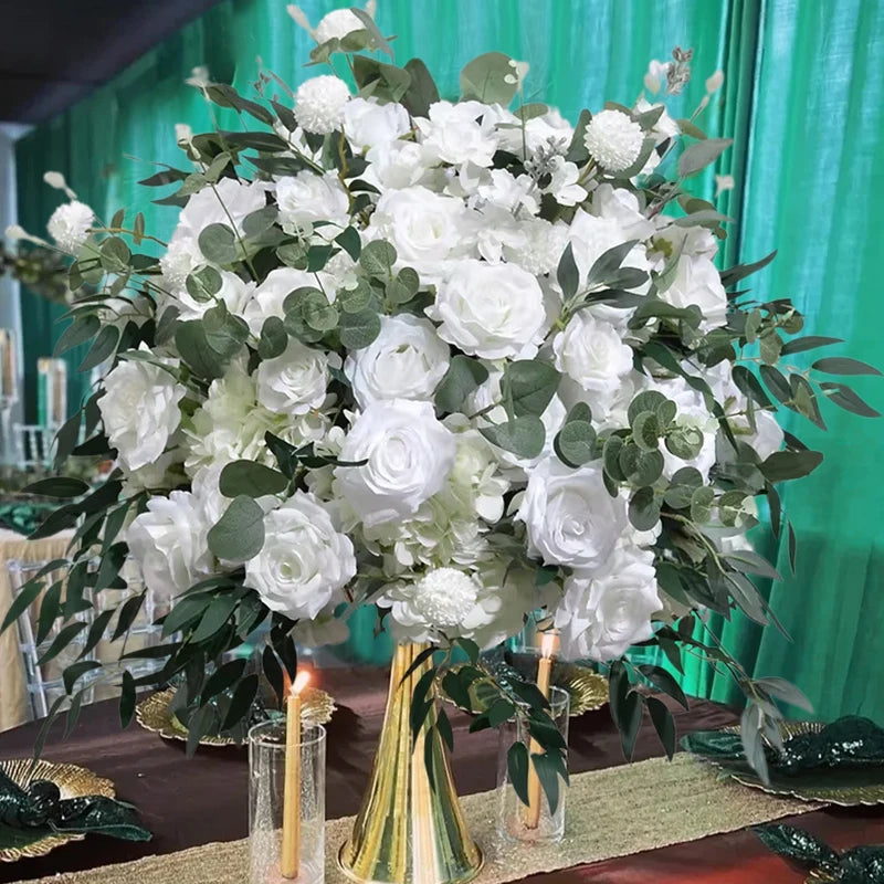 bouquet fleurs artificielles roses blanches feuilles vertes decoration mariage anniversaire exterieur classique blanc vert
