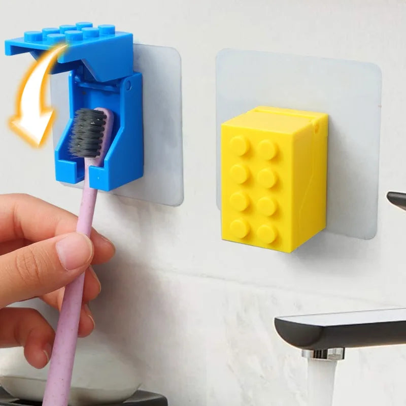 porte brosses dents blocs construction adhésif moderne créatif salle bains rouge jaune bleu gris