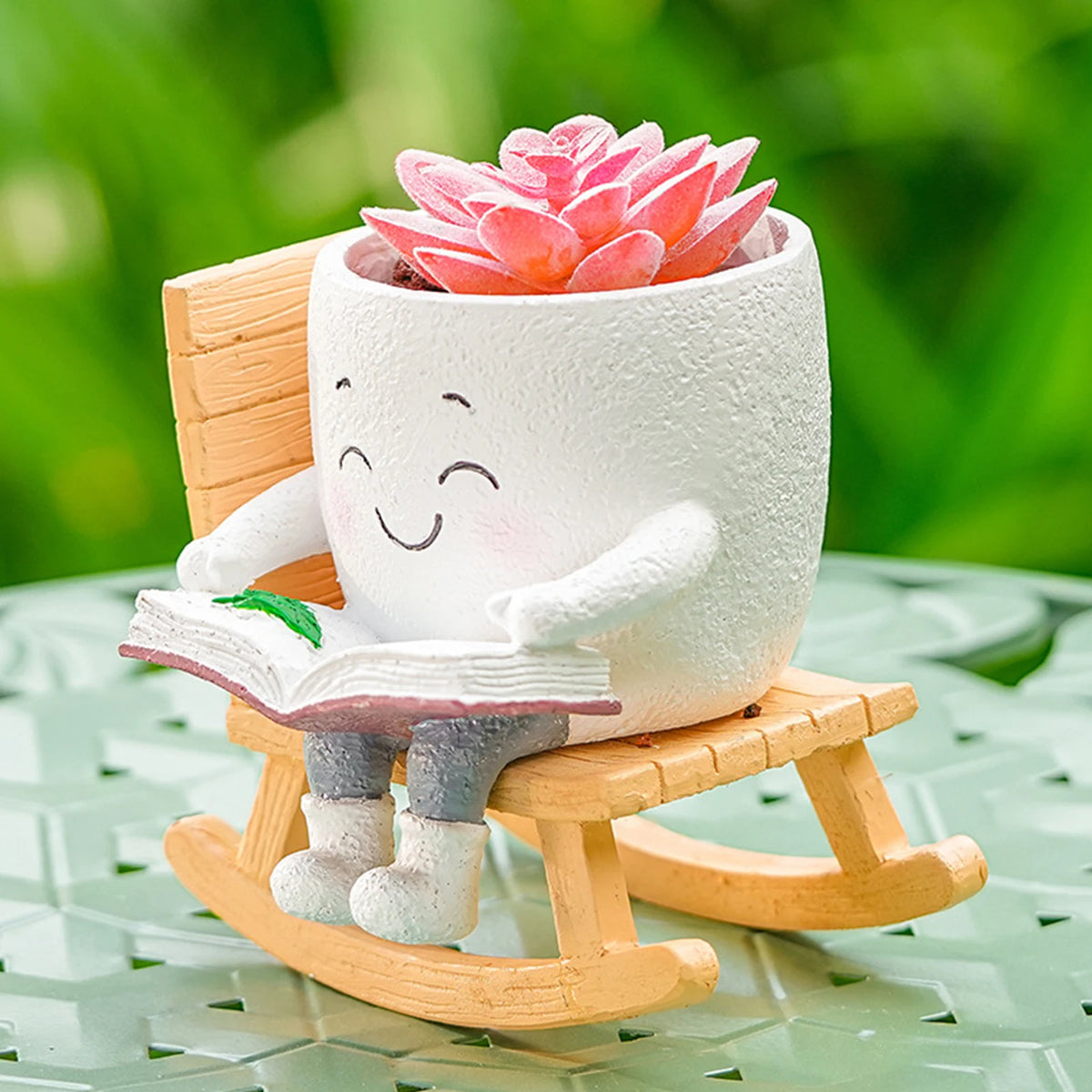 cache pot résine blanc souriant plante artificielle chaise bascule livre miniature décoratifextérieur