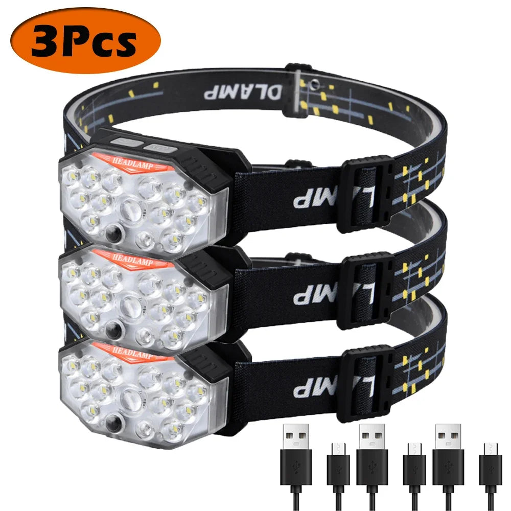 lampe frontale noire rayures jaunes led motion sensor ceinture ajustable camping