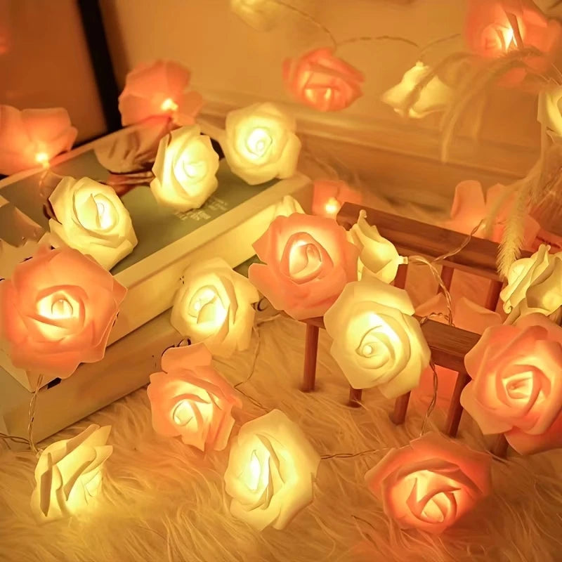 guirlande lumineuse rose fleurs roses artificielles led romantique chambre vacances