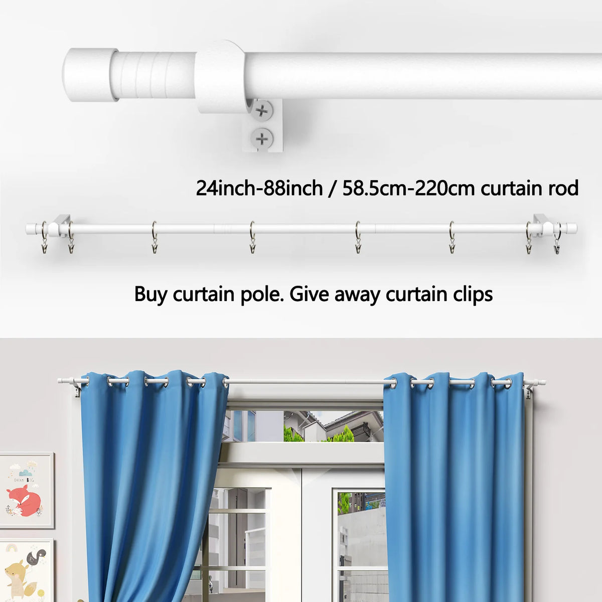 tringle rideaux extensible moderne blanc bleu turquoise rideaux opaques anneaux clips supports muraux