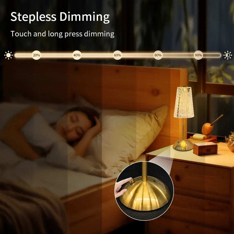 lampe table led rechargeable cristal transparent or moderne élégant sensor touch réglable chambre coucher