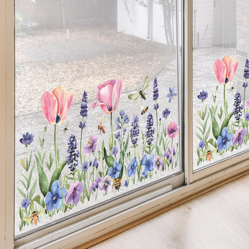 sticker mural fleurs insectes rose violet bleu vert illustration adhésif chambre enfant salon deco