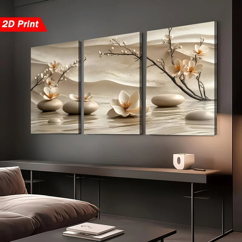 tableaux zen minimaliste fleurs blanches branches pierres eau sable cadre miroir toile impression chambre