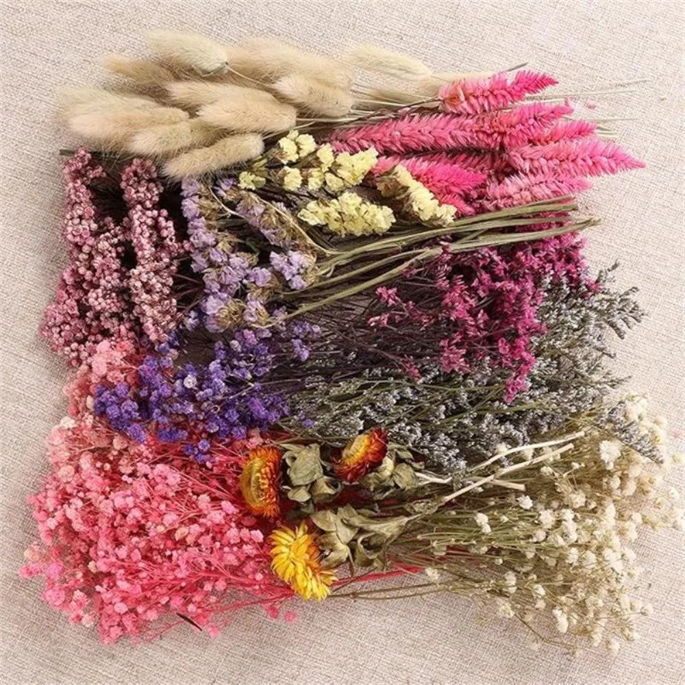 bouquets fleurs séchées violet rose blanc naturels décoration intérieure artisanale ruban jute