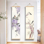 tableau suspendu traditionnel floral oiseaux fleurs fruits branches beige bleu rouge noir violet rose