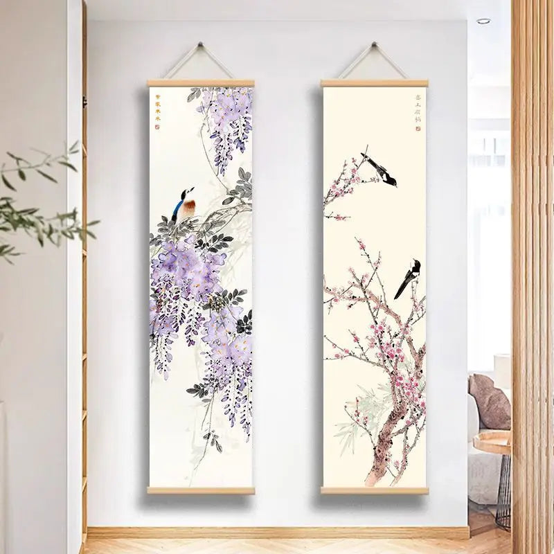 tableau suspendu traditionnel floral oiseaux fleurs fruits branches beige bleu rouge noir violet rose