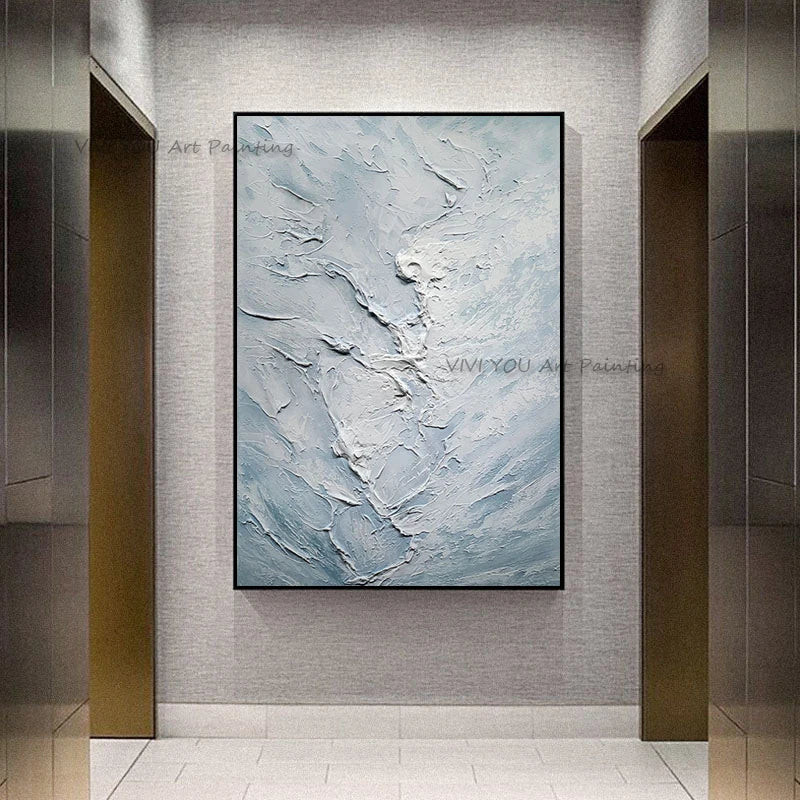 peinture l'huile abstraite vague bleu clair gris moderne texture rugueuse toile rectangle vertical sans